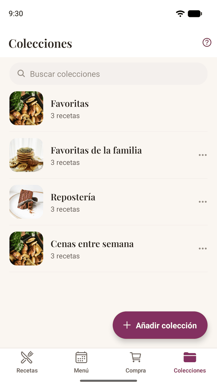 Las colecciones, con Favoritas junto a grupos de recetas con nombre