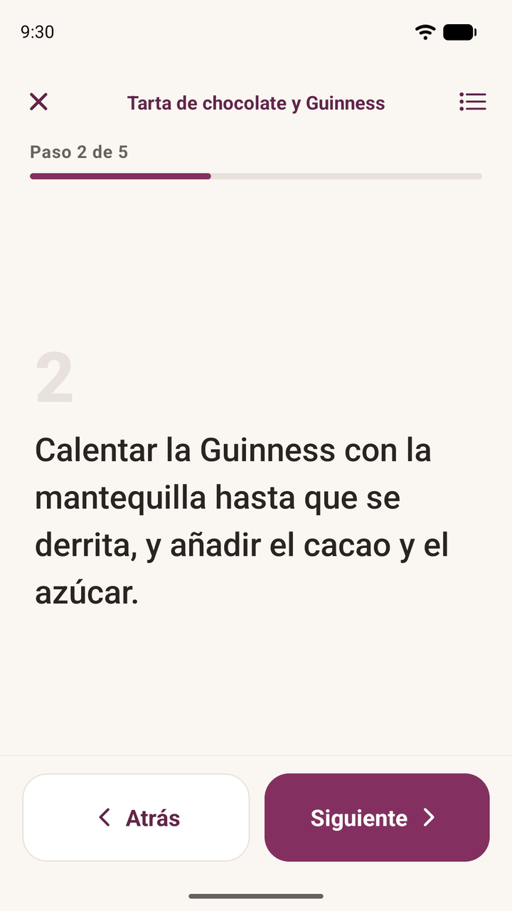 El modo cocina, con un único paso de la receta en letra grande y una barra de progreso