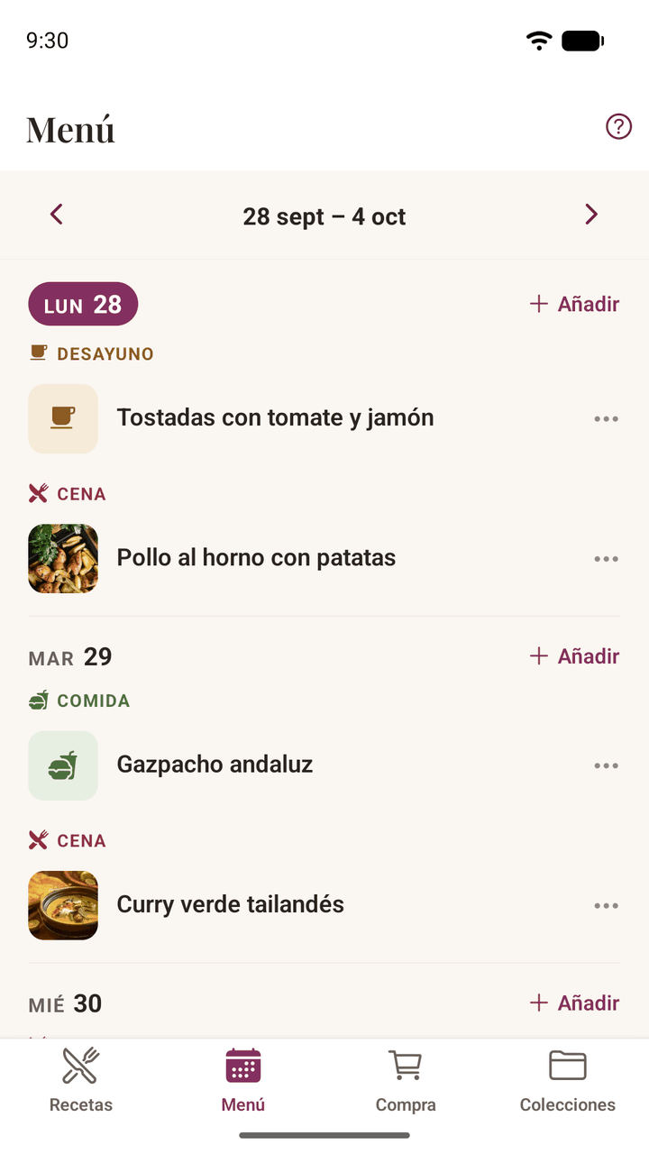 El menú semanal, con recetas colocadas en los días de la semana bajo desayuno, comida y cena