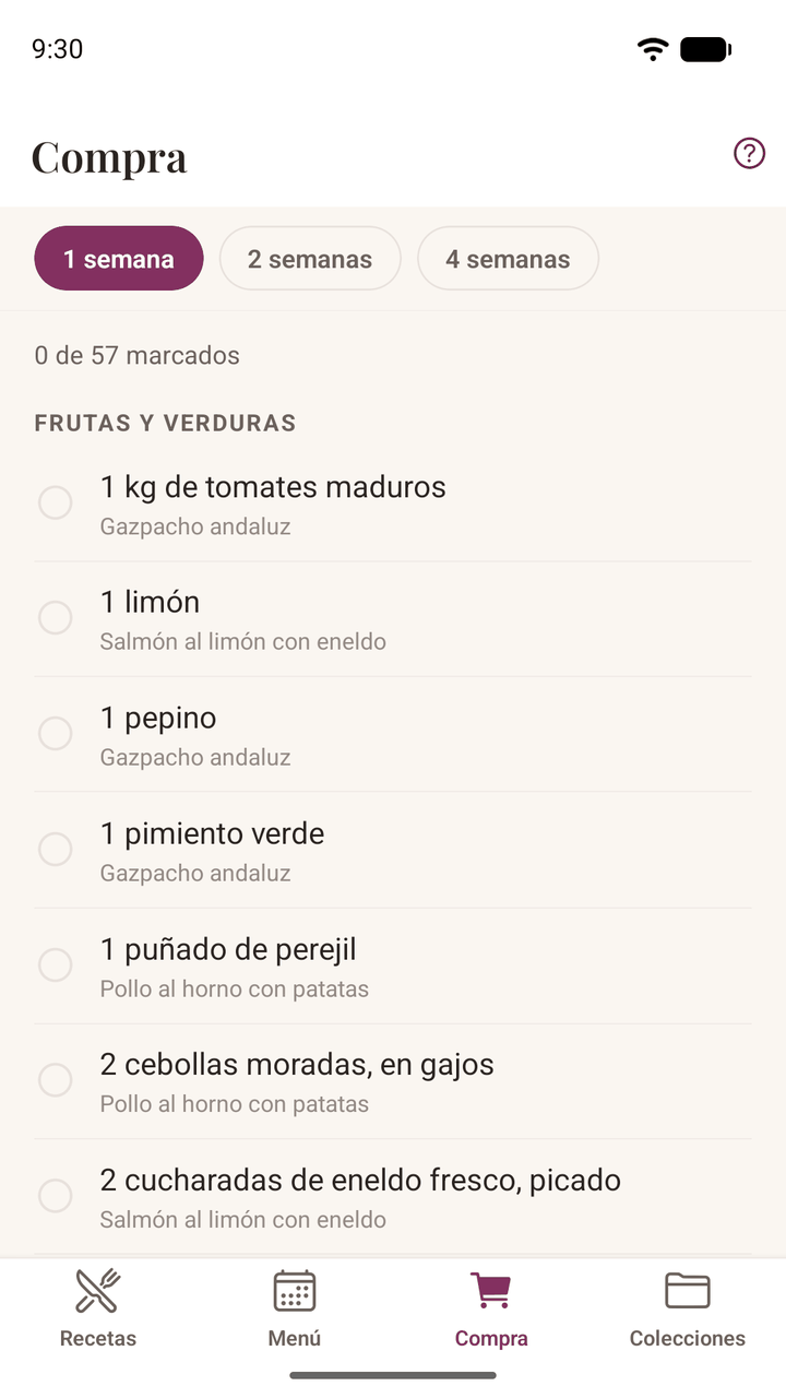 La lista de la compra, agrupada por secciones del súper con productos marcados