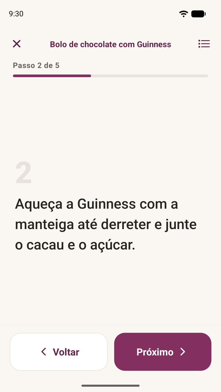 O modo cozinha, com um passo de cada vez em letra grande