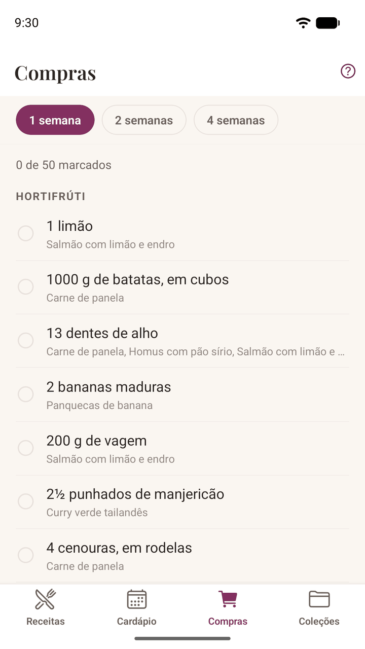 A lista de compras agrupada por seção do mercado