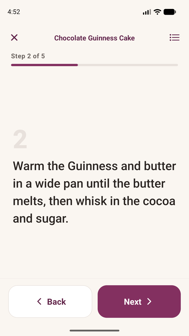 Cook Mode showing one step at a time in large text