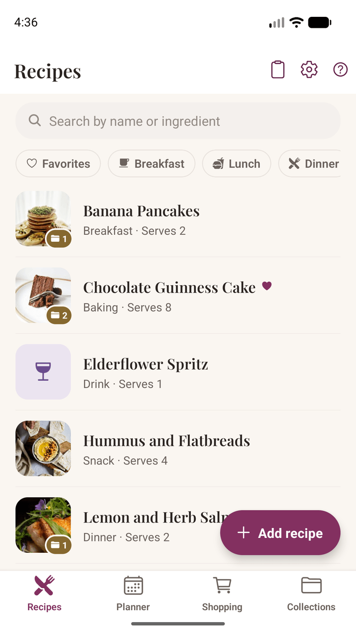 The My Recipes list in Damson Kitchen