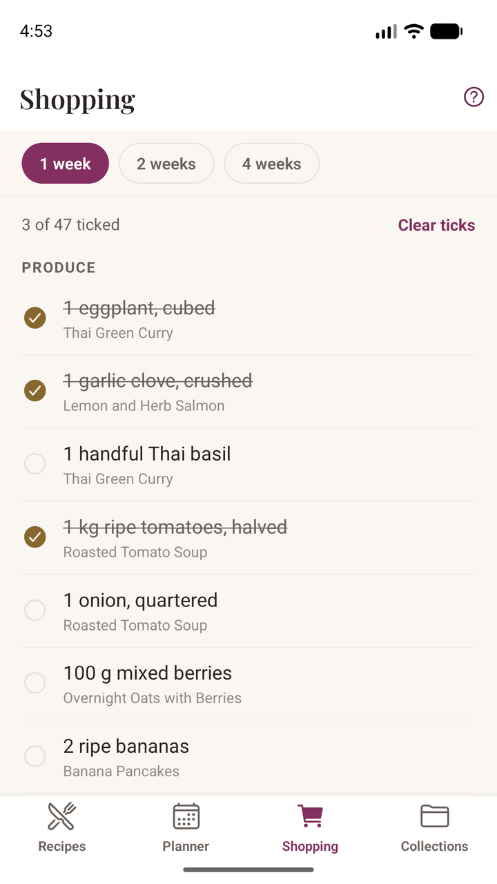 The shopping list grouped by supermarket aisle